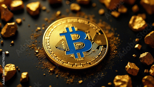 a golden bitcoin surrounded by gold nuggets