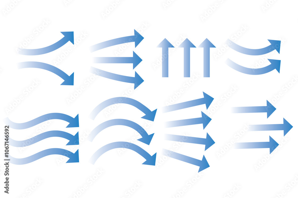 Air flow. Set of blue arrows showing direction of air movement. Wind direction arrows. Blue cold fresh stream from the conditioner. Vector illustration isolated on white background Air flow. Set of blue arrows showing direction of air movement. Wind direction arrows. Blue cold fresh stream from the conditioner. Vector illustration isolated on white background