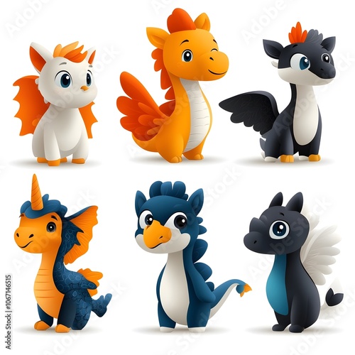 Adorable set of fantasy creature cartoon characters including a unicorn  dragon  griffin  and phoenix with soft colors and friendly  expressive faces perfect for use in children s toys  game assets photo