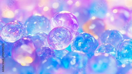 Mesmerizing macro shot of colorful translucent spheres, possibly water droplets or glass beads, reflecting soft pastel hues of purple and blue in a dreamy, ethereal composition.