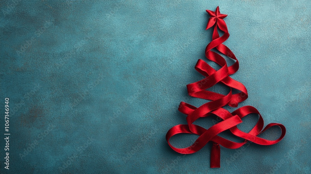 Minimalist Christmas tree crafted from vibrant red ribbon against a textured teal background, topped with a star - a modern, elegant holiday decor concept. Minimalist Christmas tree crafted from vibrant red ribbon against a textured teal background, topped with a star - a modern, elegant holiday decor concept.