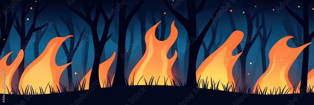Cartoon style forest fire with flames and silhouettes of trees at night.