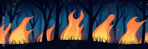 Obraz na płótnie Cartoon style forest fire with flames and silhouettes of trees at night. w salonie
