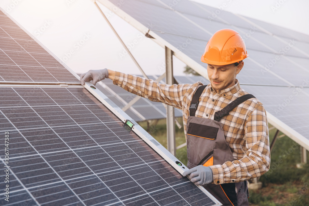 Engineer Inspecting Solar Panel Installation at Solar Farm Engineer Inspecting Solar Panel Installation at Solar Farm