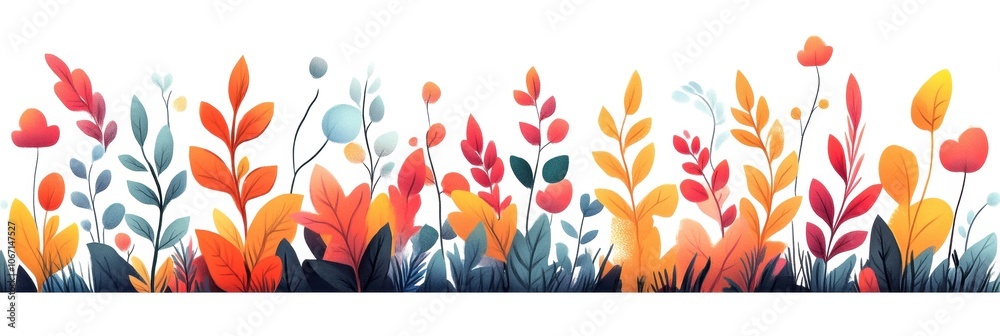 Fototapeta premium Colorful floral border with various leaves and flowers, white isolate background.