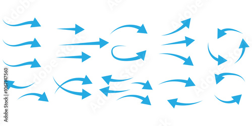 Air flow. Set of blue arrows showing direction of air movement. Wind direction arrows. Blue cold fresh stream from the conditioner. Vector illustration isolated on white background