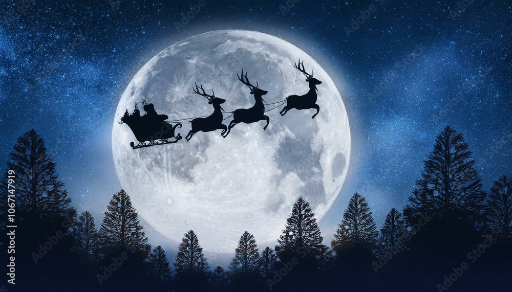 Naklejka premium A silhouette of reindeer flying with Santa Claus in a sleigh against a full moon and starry sky over a forest of pine trees