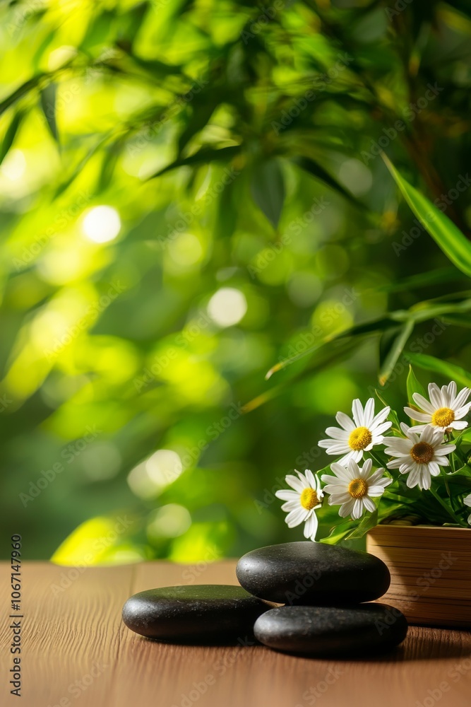 Obraz premium A serene arrangement of smooth stones and delicate flowers showcases nature's beauty, set against a lush green background.