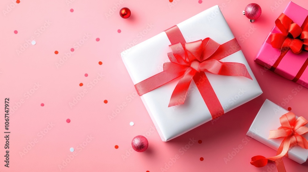Colorful gift boxes on a pink background with decorative elements for celebrations. Colorful gift boxes on a pink background with decorative elements for celebrations.