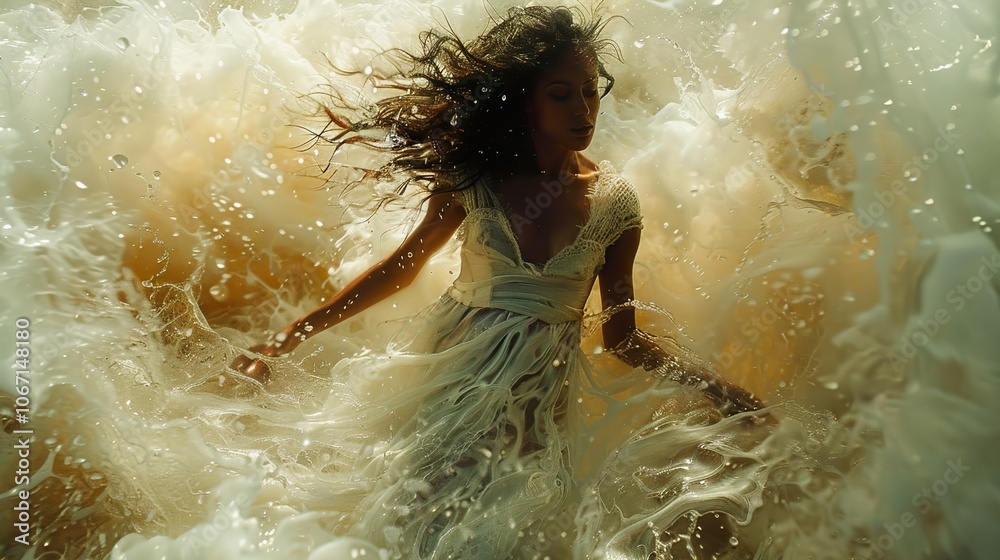 Fototapeta premium Woman in a White Dress Surrounded by Ocean Waves