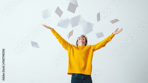 Joyful young man throwing documents or paper and rejoicing. White background
