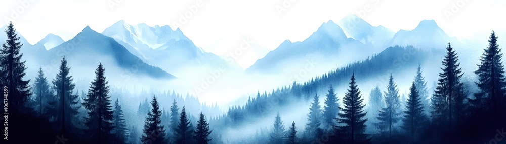 Misty mountain landscape with blue tones and evergreen trees in a serene atmosphere. Misty mountain landscape with blue tones and evergreen trees in a serene atmosphere.