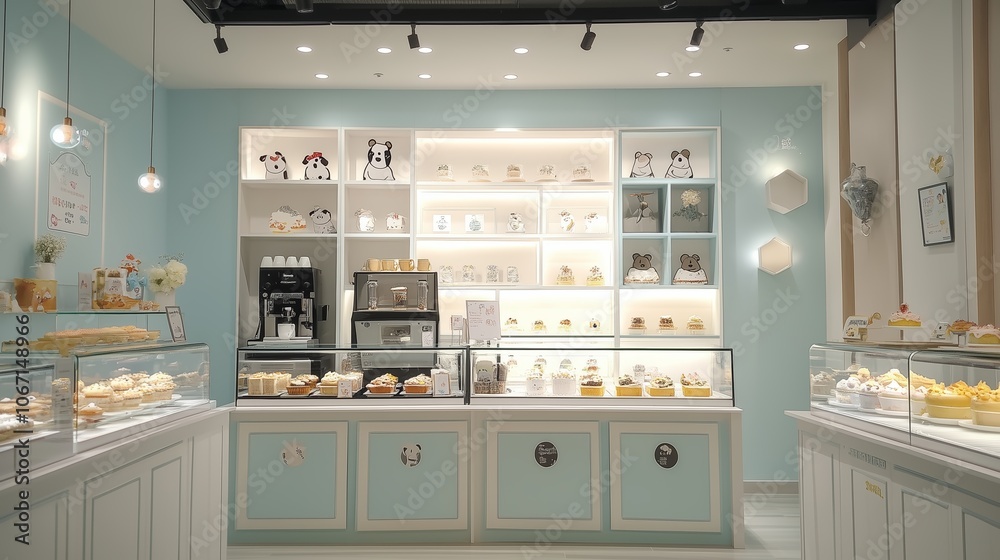 Delightful dessert shop interior featuring pastries and charming decor in soft pastel colors and playful animal motifs Delightful dessert shop interior featuring pastries and charming decor in soft pastel colors and playful animal motifs