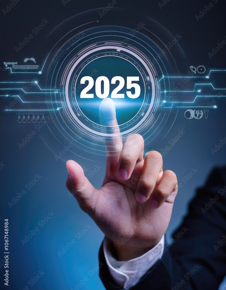 Businessman touching to virtual start button icon with 2025 new year to start Businessman touching to virtual start button icon with 2025 new year to start
