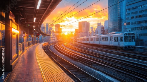 Train Station Platform with Sunset and Urban Skyline in Japan