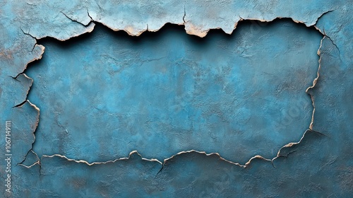 Blue painted wall with cracked and chipped paint revealing a blank space in the center.