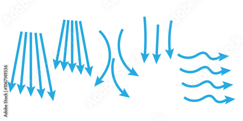 Air flow. Set of blue arrows showing direction of air movement. Wind direction arrows. Blue cold fresh stream from the conditioner. Vector illustration isolated on white background