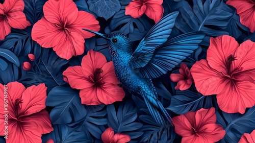 Hummingbirds gracefully flitting around bright glowing digital flowers set against a vibrant holographic cyber fantasy environment  The scene is ethereal surreal and captivating photo