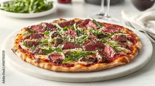 gourmet pizza experience, cool wagyu beef pizza topped with shaved parmesan and arugula on a charred thin crust, served in an elegant setting with wine and silverware