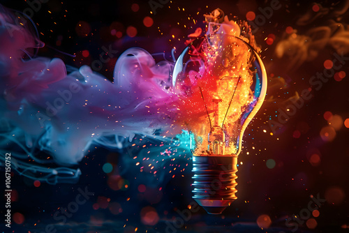 A light bulb exploding, vibrant colors against a black background, symbolizing the moment of innovation and inspiration in creative design work.