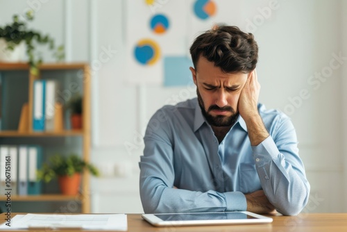 Stressed Businessman Holding Head in Office with Tablet on Desk