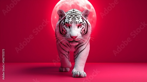 Majestic white tiger prowling through a captivating futuristic digital habitat with a holographic moon glowing in the neon infused cyberpunk inspired sky photo