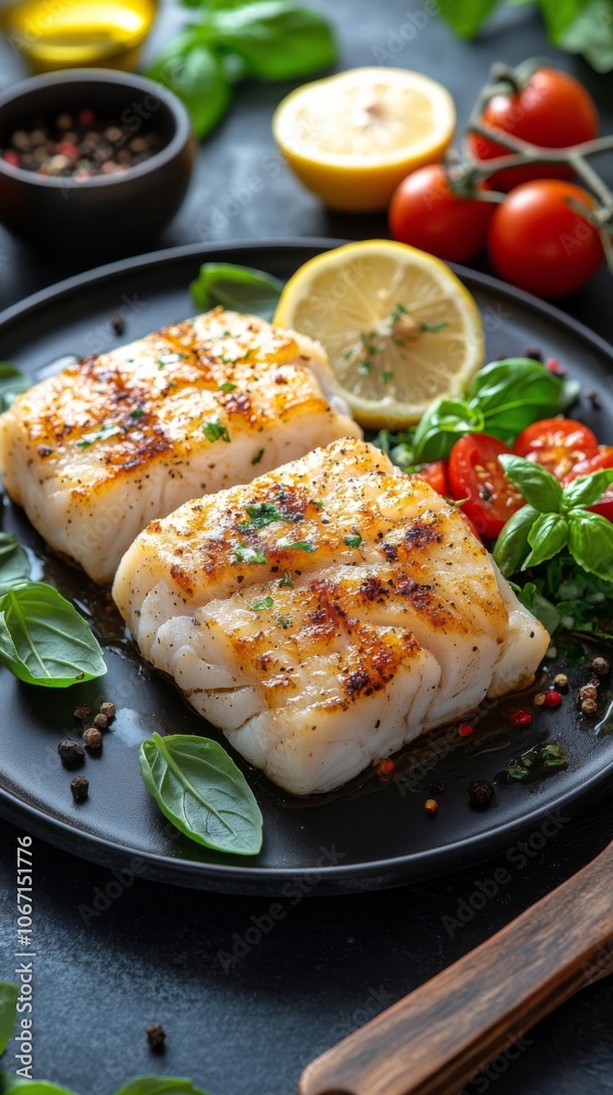 Grilled fish fillets served with fresh salad and lemon on a black plate Grilled fish fillets served with fresh salad and lemon on a black plate