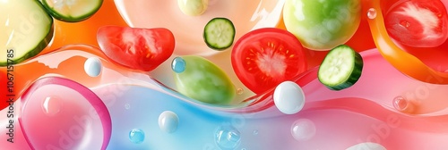 Fresh vegetables and fruits with vibrant colors on a smooth background.