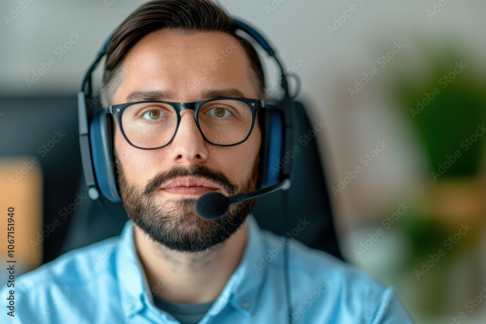 Customer Support Agent with Headset and Glasses in Home Office Customer Support Agent with Headset and Glasses in Home Office