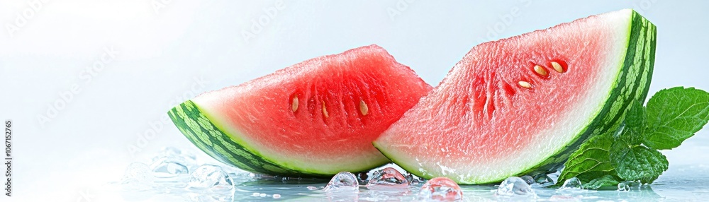 Fresh watermelon slices with mint leaves on a white isolated background. Fresh watermelon slices with mint leaves on a white isolated background.