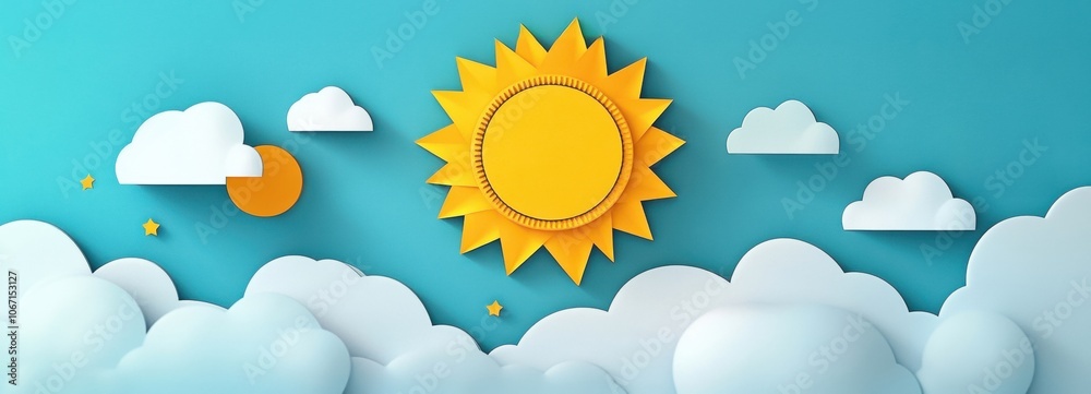 Colorful sun and clouds illustration, cheerful and vibrant, white isolate background Colorful sun and clouds illustration, cheerful and vibrant, white isolate background