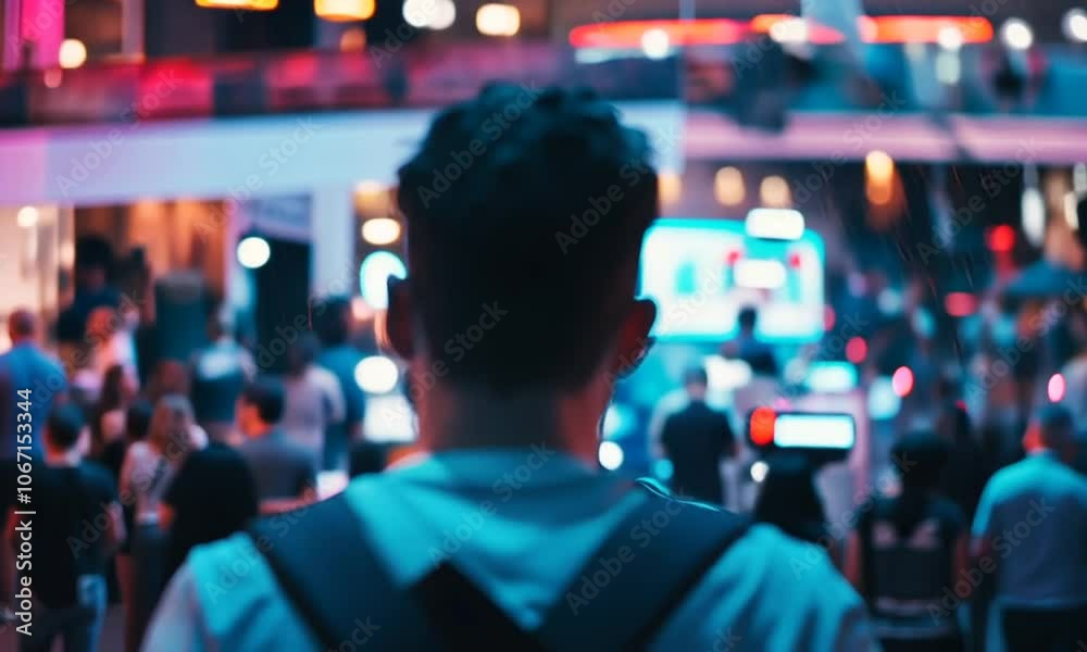 Person observing a vibrant, busy environment filled with lights. Person observing a vibrant, busy environment filled with lights.