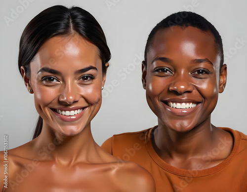 Two multiracial women in a sports bra for weight loss treatments against light studio background photo