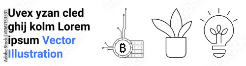 Three minimalistic elements Bitcoin blockchain, potted plant, and light bulb representing technology, nature, and innovation. Ideal for fintech, sustainability, creativity, startups, education