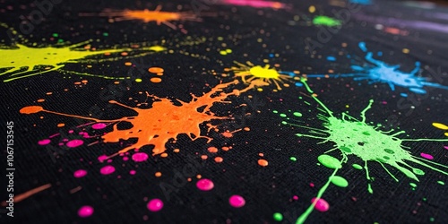 Glowing neon paint splatters on a black canvas, abstractpainting, neonart, abstractart, ambiance photo