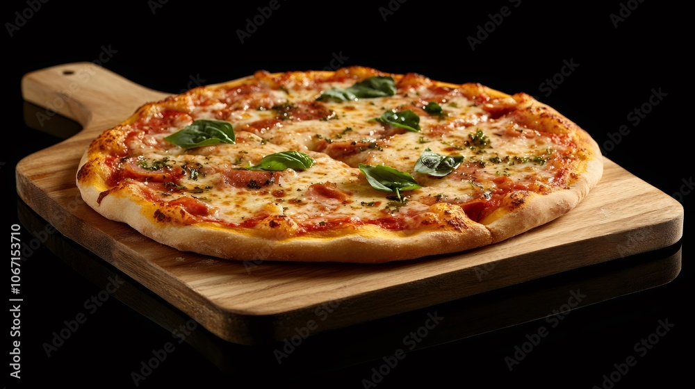 food photography, Margherita pizza on artisanal board with black background food photography, Margherita pizza on artisanal board with black background