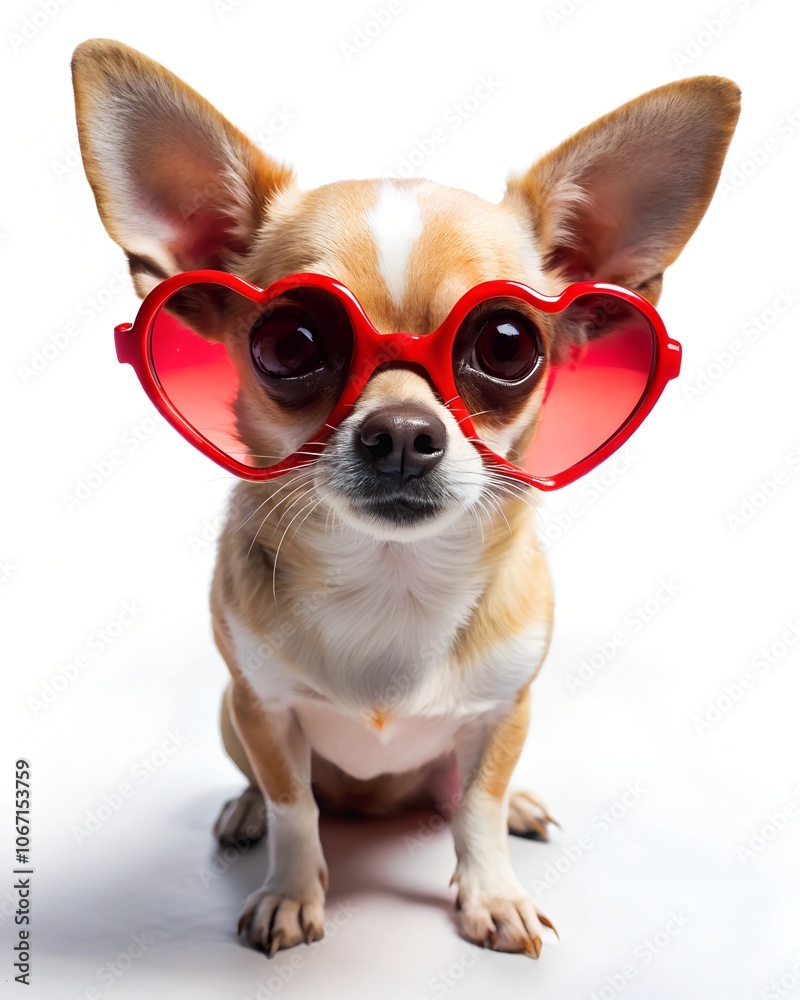 chihuahua dog wearing heart shaped glasses chihuahua dog wearing heart shaped glasses