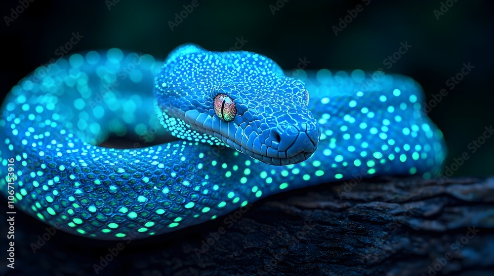 Fototapeta premium Bioluminescent Snake Coiled Around Glowing Hologram Tree in Dark Sci Fi Landscape Surreal digital and high detail image with vibrant blue and green colors