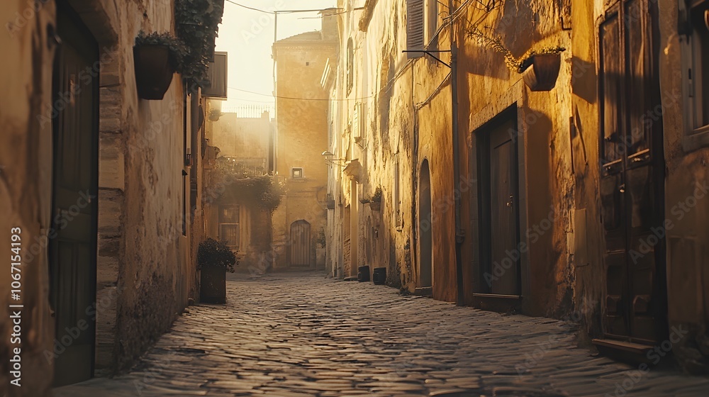 Fototapeta premium A narrow street in an old town, golden light shining through the buildings, cobblestone pavement, rustic architecture