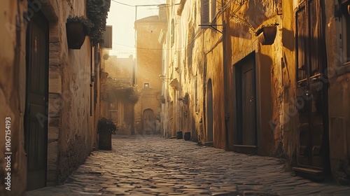A narrow street in an old town, golden light shining through the buildings, cobblestone pavement, rustic architecture