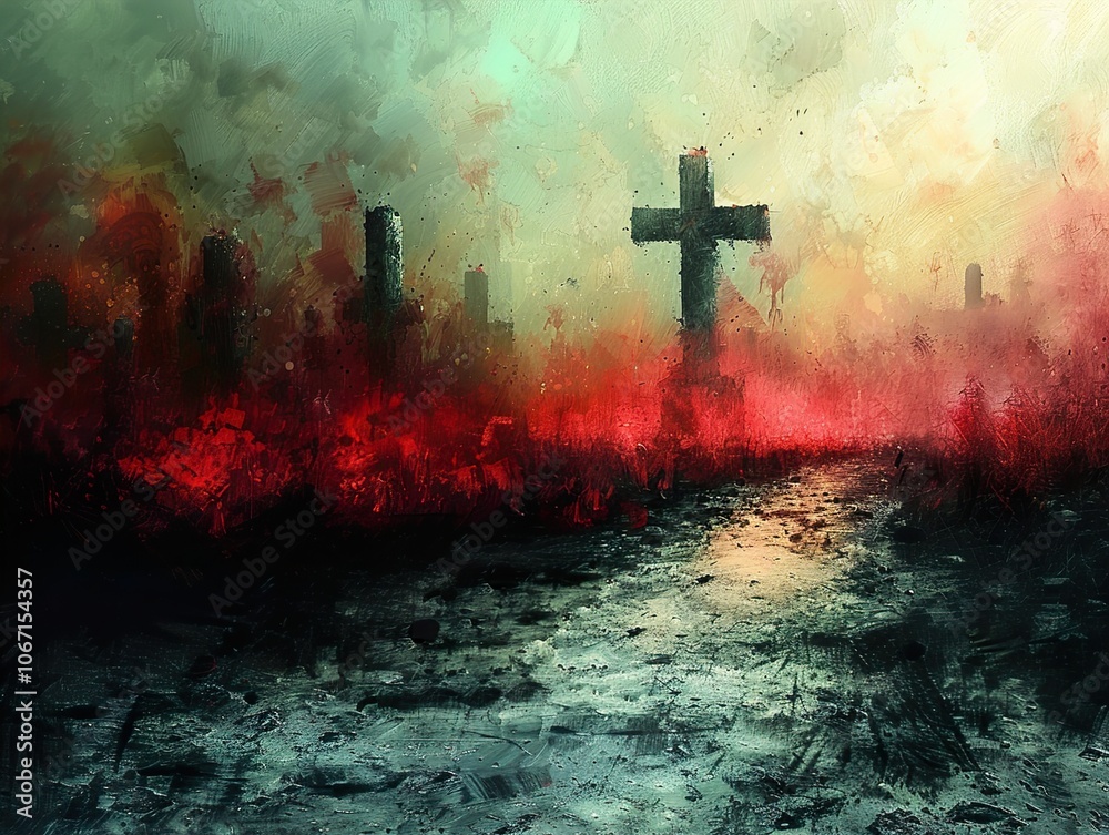 Dramatic Sunset Landscape with Cross and Graveyard
