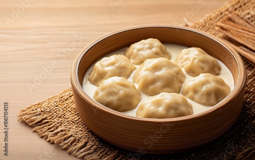 Delicious steamed dumplings served in a wooden bowl on a woven mat.