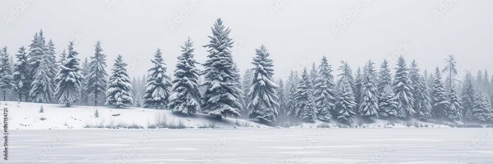 Snow-dusted spruce trees rise above the frozen lake's surface, their dark green needles a vibrant splash against the monochrome landscape, frozen surface, tree silhouettes Snow-dusted spruce trees rise above the frozen lake's surface, their dark green needles a vibrant splash against the monochrome landscape, frozen surface, tree silhouettes