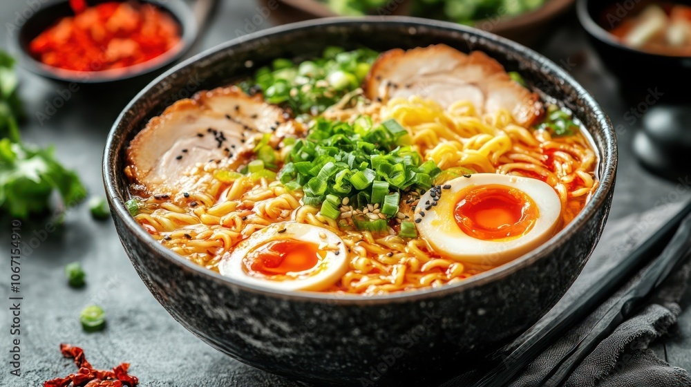 A bowl of delicious ramen noodle soup, topped with an egg and garnished with green onions. A bowl of delicious ramen noodle soup, topped with an egg and garnished with green onions.