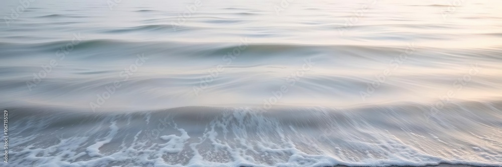 Fototapeta premium Softly undulating waves caress the shore as morning fog gently kisses the surface, gentle breeze, ocean wave