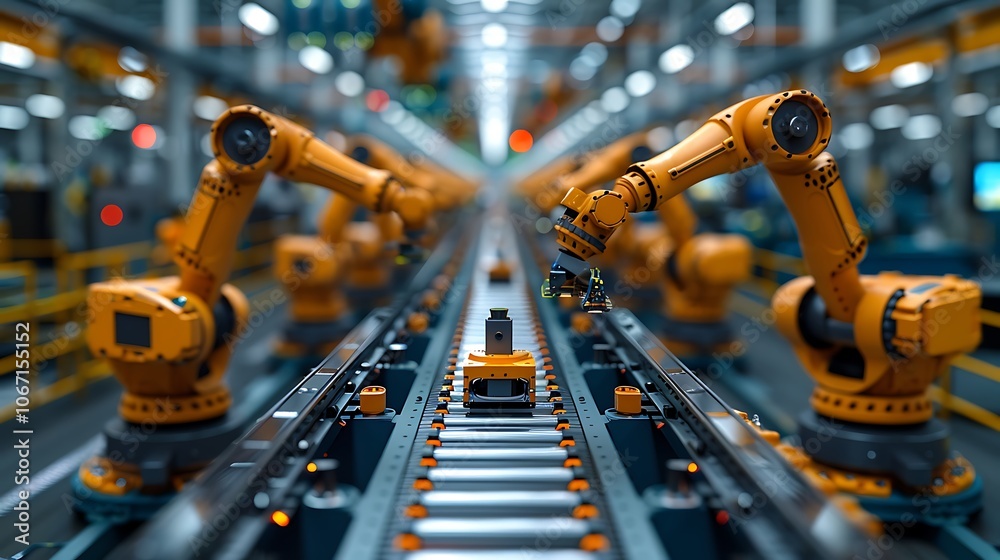 A close-up of robotic arms working on an assembly line, showcasing automation in a modern manufacturing environment. A close-up of robotic arms working on an assembly line, showcasing automation in a modern manufacturing environment.