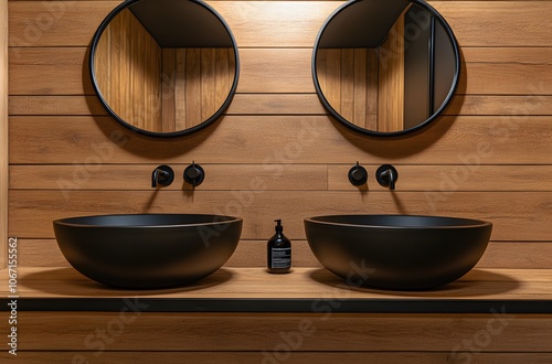 Modern Bathroom Sink with Black Accents and Wooden Walls photo