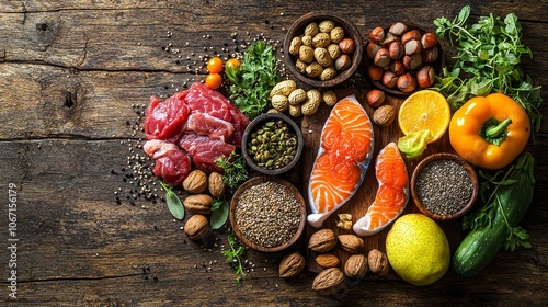 Explore a colorful variety of fresh ingredients including meats fish and nuts for healthy cooking