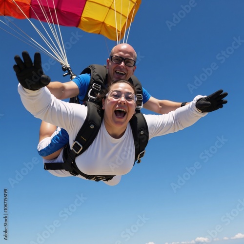 A joyful obese woman is depicted skydiving using advanced digital technology photo