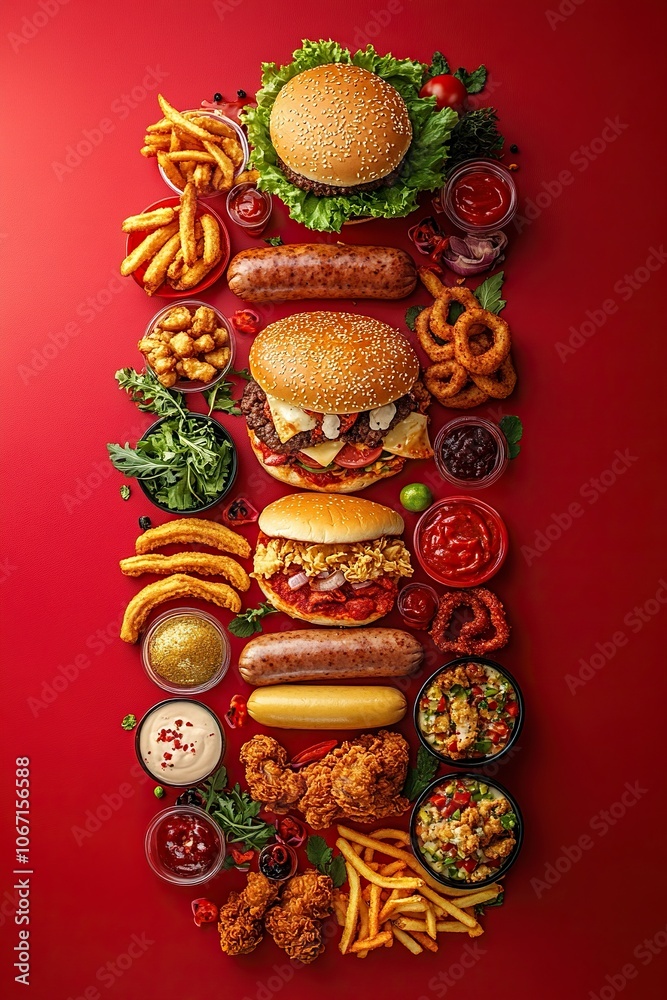 Fototapeta premium fries, pizza, hamburger, churros, fried chicken, sausages, onion rings, fried squids top view posed at the border of the image with red background , generative ai